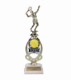 13 INCH MALE TENNISTROPHY RISER WITH FIGURE ON MARBLE BASE