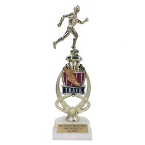 13 INCH MALE TRACK TROPHY RISER WITH FIGURE ON MARBLE BASE