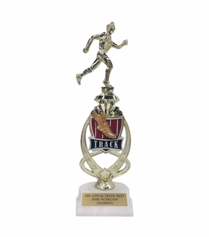 13 INCH MALE TRACK TROPHY RISER WITH FIGURE ON MARBLE BASE