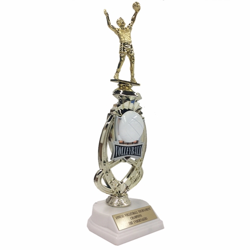 13 INCH MALE VOLLEYBALL TROPHY RISER WITH FIGURE ON MARBLE BASE