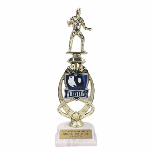 13 INCH MALE WRESTLER TROPHY RISER WITH FIGURE ON MARBLE BASE