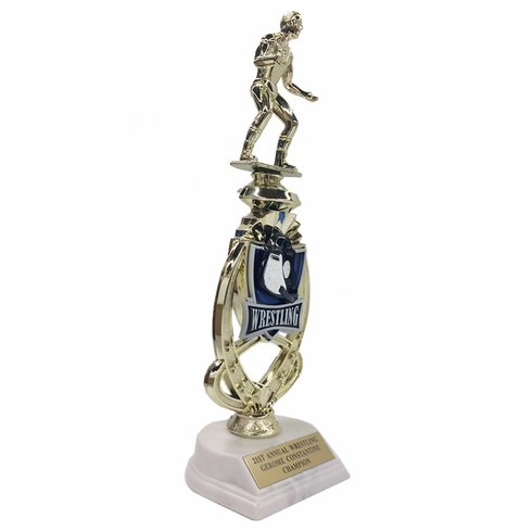 13 INCH MALE WRESTLER TROPHY RISER WITH FIGURE ON MARBLE BASE
