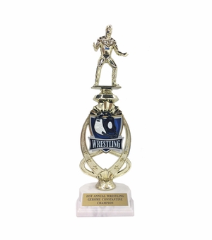 13 INCH MALE WRESTLER TROPHY RISER WITH FIGURE ON MARBLE BASE
