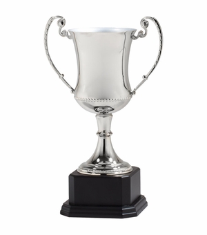 13 INCH NICKEL PLATED SILVER TROPHY CUP DIE CAST ZINC POLISH  BLACK WOOD BASE
