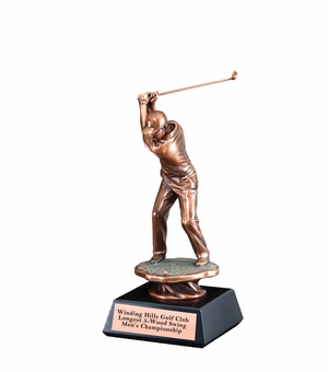 13" MALE GOLF BACK SWING TROPHY ELECTROPLATED BRONZE ON BLACK BASE