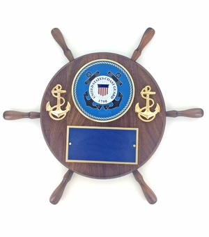 13" SHIPWHEEL PLAQUE GENUINE WALNUT WITH U.S. COAST GUARD MEDALLION BLUE ENGRAVING PLATE
