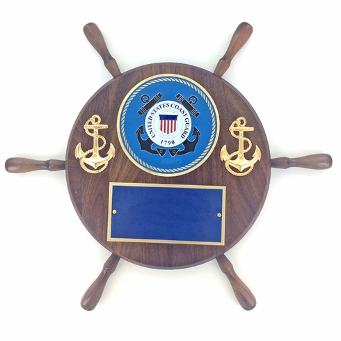 13" SHIPWHEEL PLAQUE GENUINE WALNUT WITH U.S. COAST GUARD MEDALLION BLUE ENGRAVING PLATE