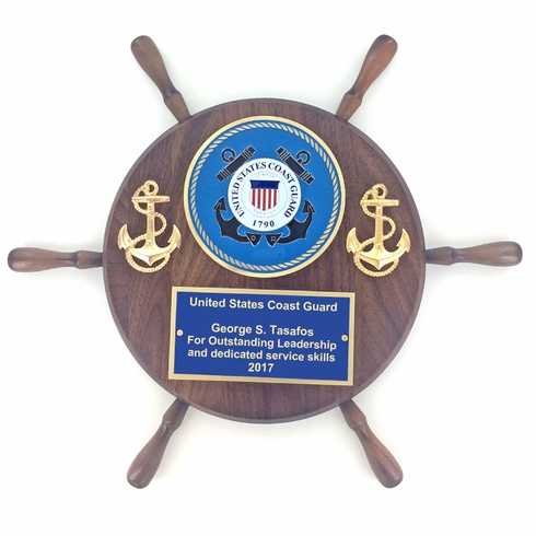13" SHIPWHEEL PLAQUE GENUINE WALNUT WITH U.S. COAST GUARD MEDALLION BLUE ENGRAVING PLATE