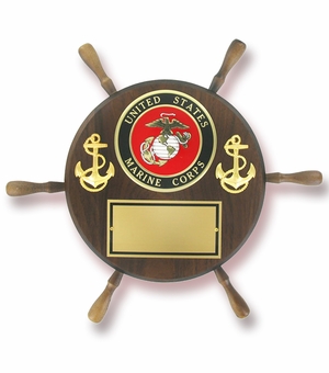 13" SHIPWHEEL PLAQUE GENUINE WALNUT WITH U.S. MARINE CORPS MEDALLION GOLD ENGRAVING PLATE