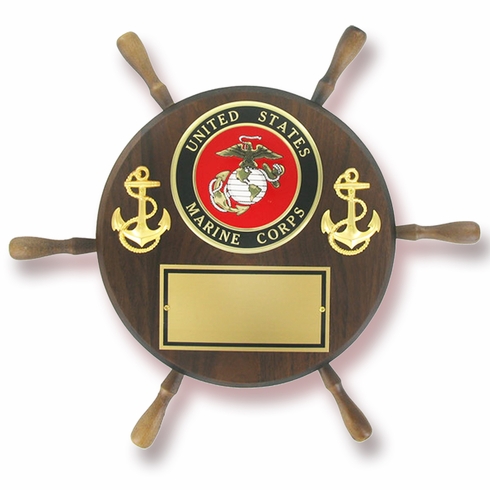 13" SHIPWHEEL PLAQUE GENUINE WALNUT WITH U.S. MARINE CORPS MEDALLION GOLD ENGRAVING PLATE