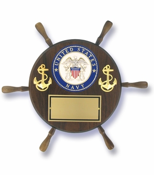 13" SHIPWHEEL PLAQUE GENUINE WALNUT WITH U.S. NAVY MEDALLION GOLD ENGRAVING PLATE