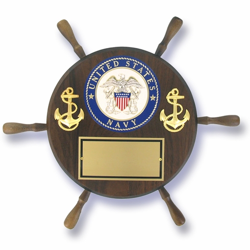 13" SHIPWHEEL PLAQUE GENUINE WALNUT WITH U.S. NAVY MEDALLION GOLD ENGRAVING PLATE