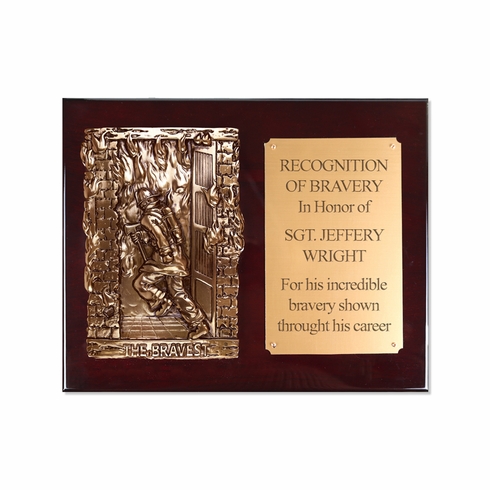 13 x 10-1/2 Inch Rosewood Piano Finish Fire Fighter Plaque With Electroplated Bronze Plaque Mount And Copper Plate