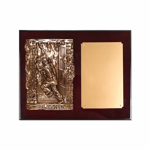 13 x 10-1/2 Inch Rosewood Piano Finish Fire Fighter Plaque With Electroplated Bronze Plaque Mount And Copper Plate
