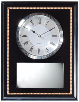 13 x 10 INCH BLACK PIANO FINISH CLOCK PLAQUE WITH SILVER PLATE