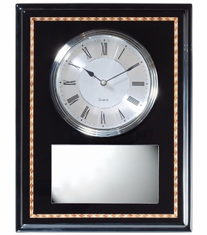 13 x 10 INCH BLACK PIANO FINISH CLOCK PLAQUE WITH SILVER PLATE