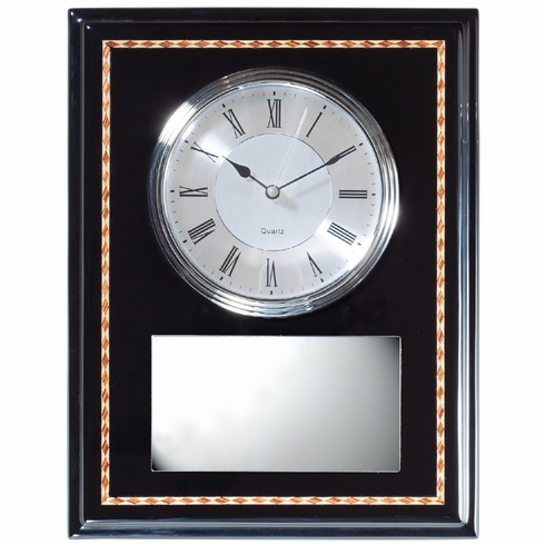 13 x 10 INCH BLACK PIANO FINISH CLOCK PLAQUE WITH SILVER PLATE