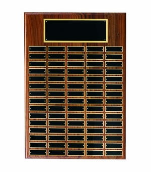 13 X 20 INCH MULTIPLE PLATE WALNUT VENEER PLAQUE WITH 36 BLACK SCREENED PLATES