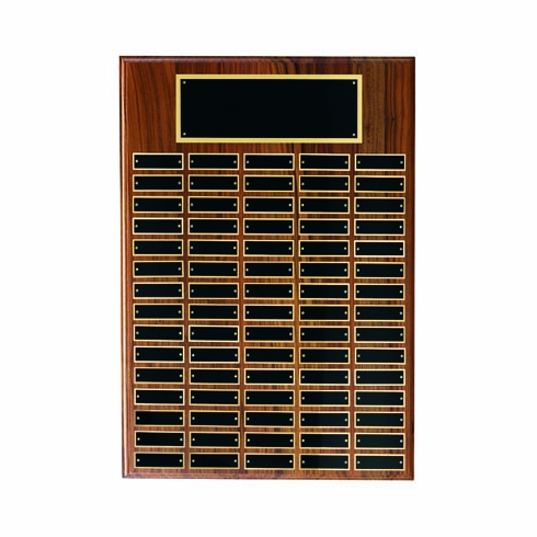 13 X 20 INCH MULTIPLE PLATE WALNUT VENEER PLAQUE WITH 36 BLACK SCREENED PLATES