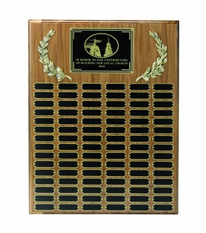 13 X 20 INCH MULTIPLE PLATE WALNUT VENEER PLAQUE WITH 48 BLACK SCREENED NAME PLATES