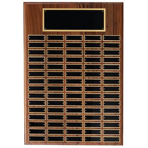 13 X 20 INCH MULTIPLE PLATE WALNUT VENEER PLAQUE WITH 48 BLACK SCREENED PLATES