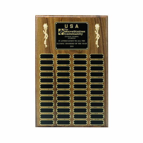 13 X 20 INCH MULTIPLE PLATE WALNUT VENEER PLAQUE WITH 48 BLACK SCREENED PLATES