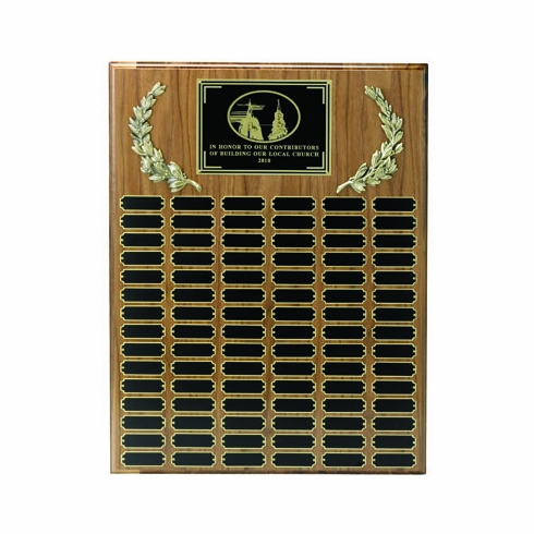 13 X 20 INCH MULTIPLE PLATE WALNUT VENEER PLAQUE WITH 48 SATIN BRASS NAME PLATES