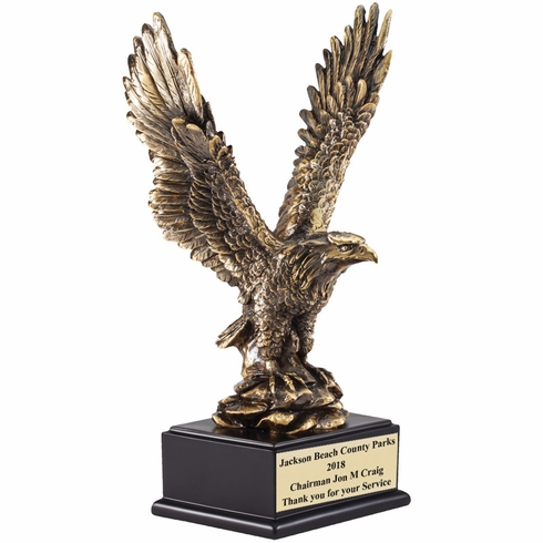 14-1/2" ANTIQUE BRASS ELECTROPLATED RESIN EAGLE MOUNTED ON A BLACK BASE WITH MATTE GOLD ENGRAVING PLATE