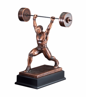 14-1/2" CLEAN AND JERK MALE WEIGHT LIFTER TROPHY ANTIQUE BRONZE FINISH ON BLACK BASE