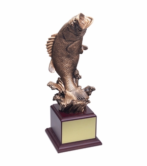 14-1/2 INCH ANTIQUE GOLD BASS FISH TROPHY ON ROSEWOOD BASE