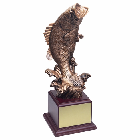 14-1/2 INCH ANTIQUE GOLD BASS FISH TROPHY ON ROSEWOOD BASE