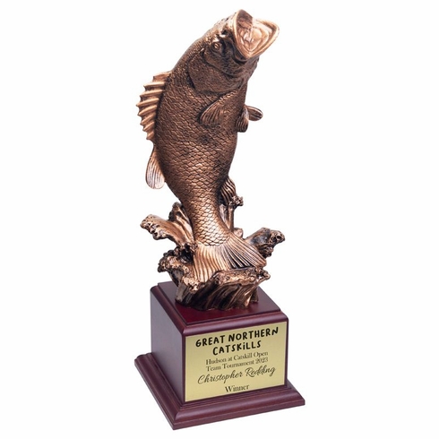 14-1/2 INCH ANTIQUE GOLD BASS FISH TROPHY ON ROSEWOOD BASE