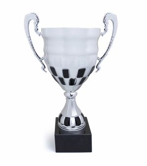 14-1/2 INCH CHECKERBOARD STALE SILVER TROPHY CUP ON BLACK MARBLE BASE