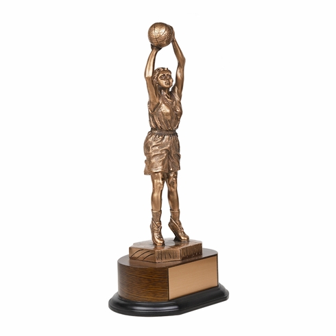 14-1/2 INCH ELECTROPLATED ANTIQUE BRONZE BASKETBALL FEMALE FIGURE TROPHY