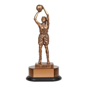 14-1/2 INCH ELECTROPLATED ANTIQUE BRONZE BASKETBALL FEMALE FIGURE TROPHY