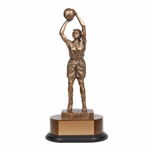 14-1/2 INCH ELECTROPLATED ANTIQUE BRONZE BASKETBALL FEMALE FIGURE TROPHY