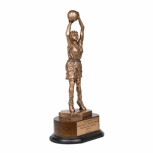 14-1/2 INCH ELECTROPLATED ANTIQUE BRONZE BASKETBALL FEMALE FIGURE TROPHY