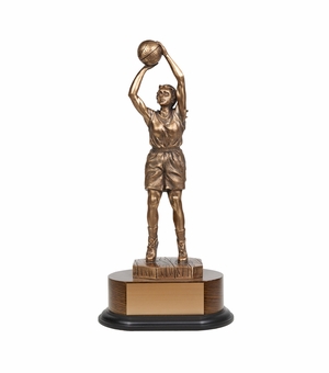 14-1/2 INCH ELECTROPLATED ANTIQUE BRONZE BASKETBALL FEMALE FIGURE TROPHY