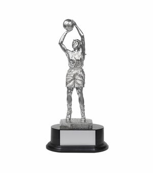 14-1/2 INCH ELECTROPLATED BRIGHT SILVER BASKETBALL FEMALE FIGURE TROPHY