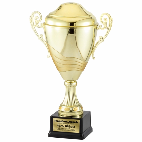 14-1/2 INCH ITALIAN TWO-TONE BRIGHT AND ANTIQUE GOLD TROPHY CUP ON BLACK BASE