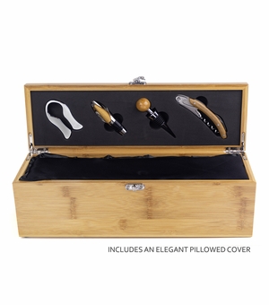 14-1/4 INCH BAMBOO WOOD WINE BOX WITH FOUR WINE TOOLS