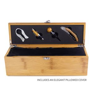 14-1/4 INCH BAMBOO WOOD WINE BOX WITH FOUR WINE TOOLS