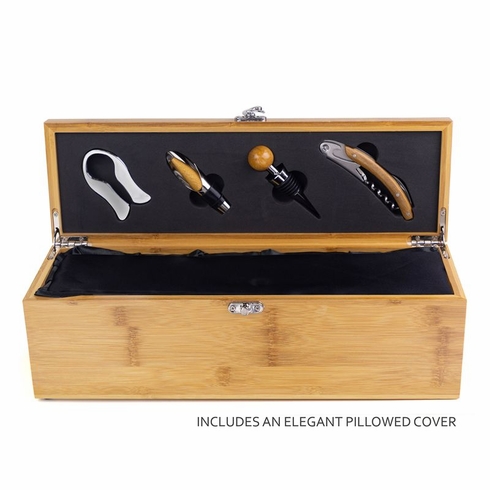 14-1/4 INCH BAMBOO WOOD WINE BOX WITH FOUR WINE TOOLS