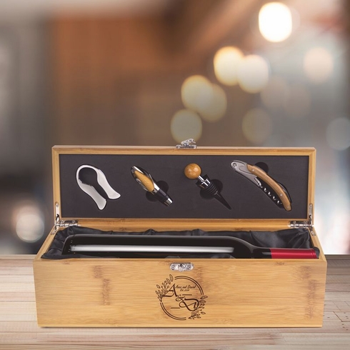 14-1/4 INCH BAMBOO WOOD WINE BOX WITH FOUR WINE TOOLS