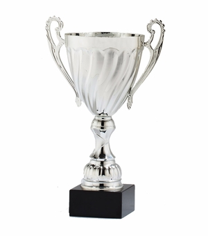 14-1/4 INCH HEIGHT SWIRL SILVER METAL TROPHY CUP ON A BLACK MARBLE BASE