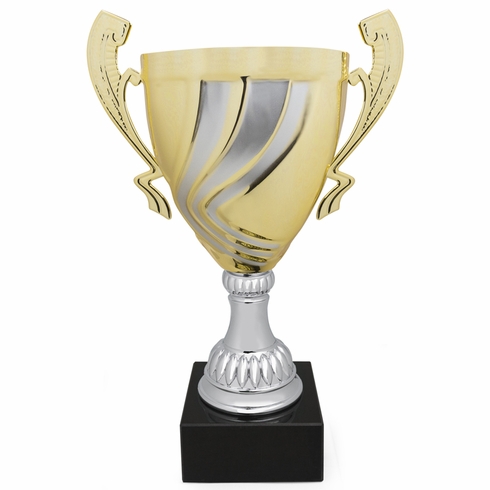 14-1/4 INCH ITALIAN SILVER AND GOLD SWIRL TROPHY CUP ON A BLACK MARBLE BASE