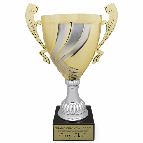 14-1/4 INCH ITALIAN SILVER AND GOLD SWIRL TROPHY CUP ON A BLACK MARBLE BASE