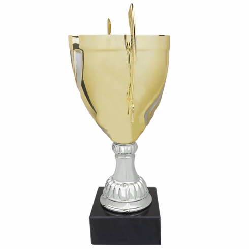14-1/4 INCH ITALIAN SILVER AND GOLD SWIRL TROPHY CUP ON A BLACK MARBLE BASE