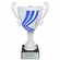 14-1/4 INCH ITALIAN SILVER SWIRL TROPHY CUP WITH BLUE STRIPES ON A BLACK MARBLE BASE