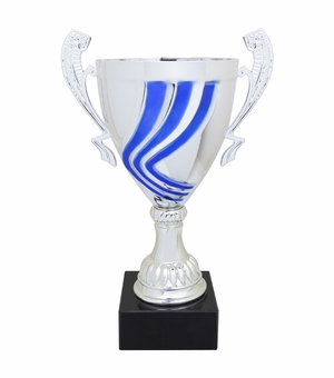 14-1/4 INCH ITALIAN SILVER SWIRL TROPHY CUP WITH BLUE STRIPES ON A BLACK MARBLE BASE